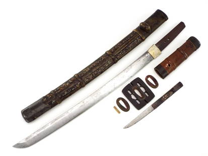 Japanese EDO Heavy Signed True Fighters Samurai Wakizashi Sword: This is an Edo period signed wakizashi built with the intention for use in real battle. The signed blade has an uncut tang with two mounting holes. It has no fatal flaws and is equipped with a solid,