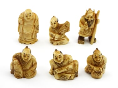 6 Antique VERY FINE Hand Carved Japanese Netsuke