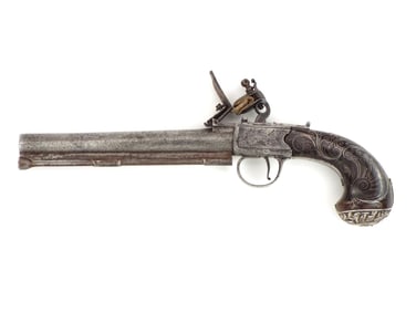 British 18th C. Silver Mounted Flintlock Pistol by PERRY LONDON