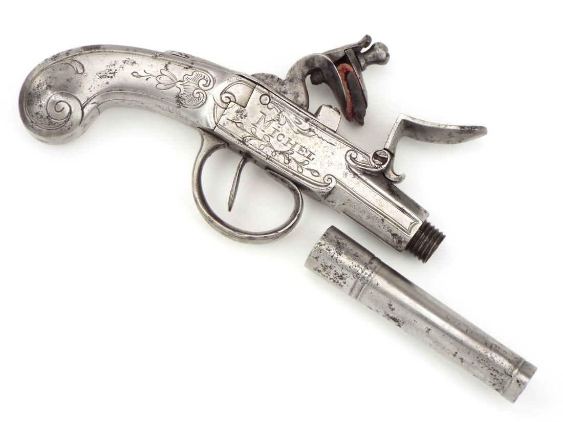 Scarce French LEPAGE All Steel Flintlock Pocket Pistol With Turn Off Barrel: Scarce French LEPAGE All Steel Flintlock Pocket Pistol With Turn Off Barrel
