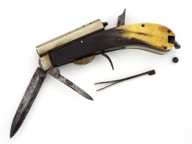 British Unwin & Rodgers Knife Pistol with Self Protector Blade & Horn Grips