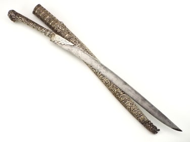 Very Fine Large 18th-19th C. Ottoman Greek YATAGAN Sword with Highly Ornate Silver & Gilt Mounts