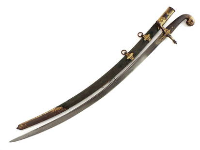 Exhibition Grade Ottoman Turkish WOOTZ Shamshir with Gold Decorated Hilt and Scabbard: early 19 century shamshir sword with gold decorated hilt, scabbard and epic wootz Damascus blade Full Length 38.5 Inches Blade Length 31 Inches