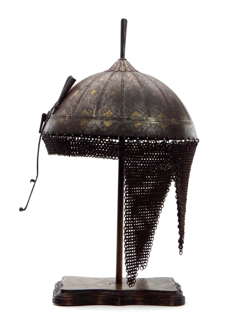 Fine Persian Qajar Dynasty Warrior's GOLD-DAMASCENED KHULA-KHUD Helmet (1 of 18)