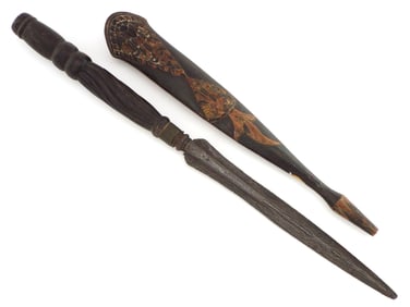 18th C. Philippines Moro Damascus Budiak Spear Head in Carved Wood Scabbard