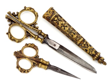 Antique Steel Scissors in Carved Brass Mounts