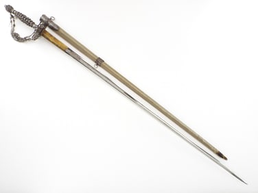 18th. C French Chiseled Iron Hilt Small Sword With Gilt Etched Blade In Its Scabbard, The Chape Is