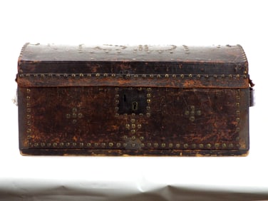Early 1800s Trunk Decorated With Brass Tacks, Initials S D On Top, Leather Handles On Sides