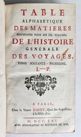 1761 HISTOIRE des VOYAGES antique Vol. 63 ALPHABETICAL INDEX L - P