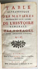 1761 HISTOIRE des VOYAGES antique vol.61 ALPHABETICAL INDEX A-C