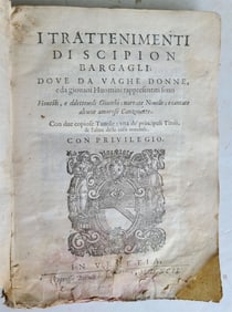 1592 I TRATTENIMENTI DI SCIPION BARGAGLI antique VELLUM BINDING