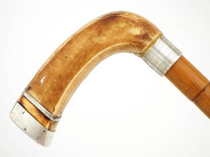 Antique Walking Cane, FINE Carved Handle in Silver Mounts: Antique Walking Cane, FINE Carved Handle in Silver Mounts. Full Length 34 Inches