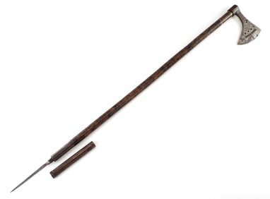 Antique Hungarian Carpathian Mountain Walking Cane Ax with Hidden Blade