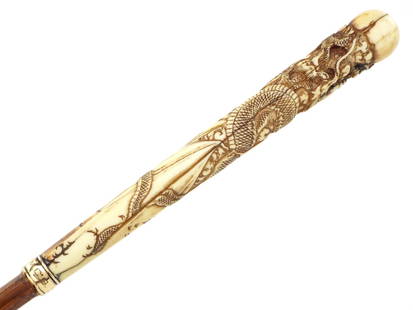 Rare Antique Japanese Walking Cane, 14K Gold & Fine Carved Grip: Rare Antique Japanese Walking Cane, 14K Gold & Fine Carved Grip. Full Length 39 Inches