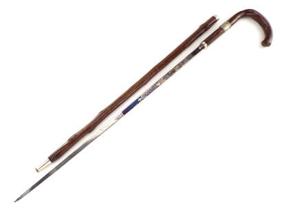 19th. C. Spanish Gentleman's Walking Sword Cane: 19th. C. Spanish Gentleman's Walking Sword Cane. By Iconic Toledo Maker, Silver Mounts (Bearing European Hallmarks) Of An Exquisitely Polished Walnut Tree Wood, One Of The Finest Self Defence Weapons