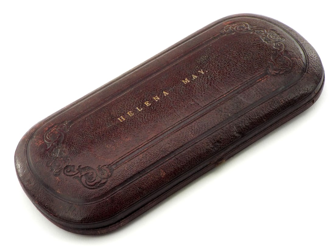 Cased HELENA MAY Antique Cutlery Set: The hallmarked set is in velvet lined leather presentation case. Full Length 8.5 Inches Blade Length 4 Inches