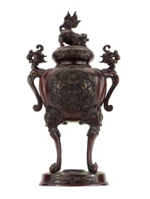 Antique Chinese Bronze Incense Burner Urn With Dragon Foo Dog Lid