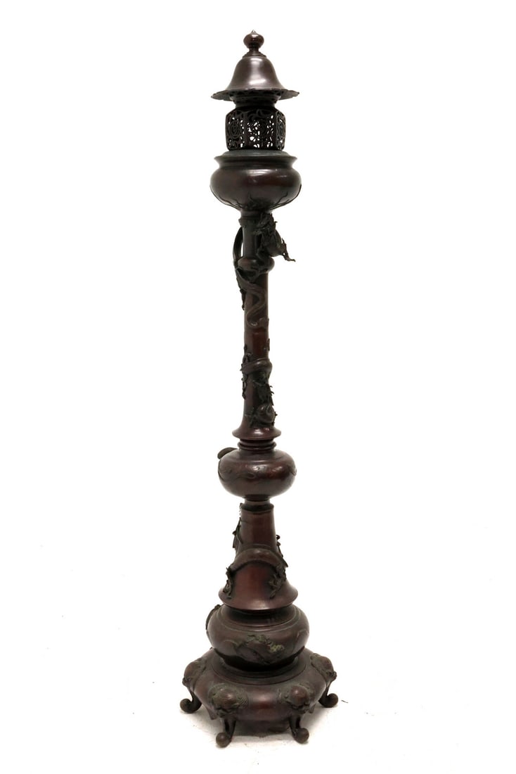 Japanese Meiji Period Bronze DRAGON AND CRANE FLOOR LAMP (1 of 18)