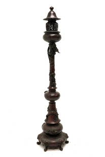 Japanese Meiji Period Bronze DRAGON AND CRANE FLOOR LAMP: Japanese Meiji bronze kerosene oil floor lamp, now converted to electricity decorated with dragons and cranes Full Length 74 Inches