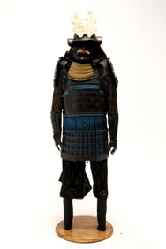 Japanese EDO Antique Samurai Armor and Helmet Set Mounted on the Stand