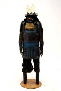 Japanese EDO Antique Samurai Armor and Helmet Set Mounted on the Stand: Japanese EDO Antique Samurai Armor and Helmet Set Mounted on the Stand