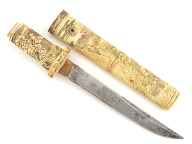 Antique Japanese Ladys Tanto Geisha Knife Dagger Nice Carved Mounts and Scabbard