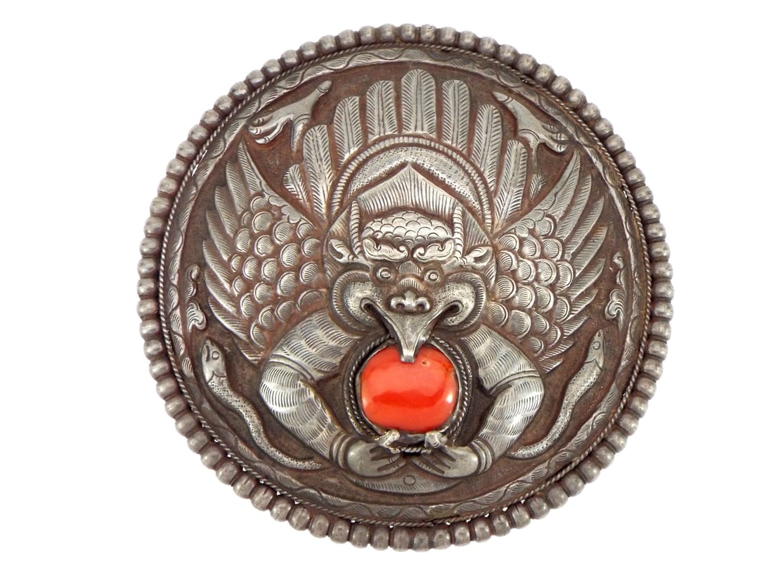 Chinese or Tibetan Belt Buckle with Coral: Chinese or Tibetan Belt Buckle with Coral. Full Length 3 Inches