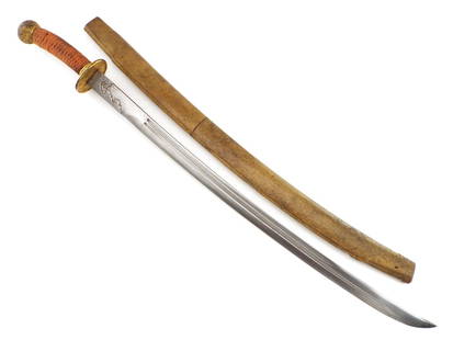 18th C. Chinese Fighting DAO Sword Brass Mounts Stingray Scabbard: 18th C. Chinese Fighting DAO Sword Brass Mounts Stingray Scabbard. Full Length 35 Inches Blade Length 27.5 Inches