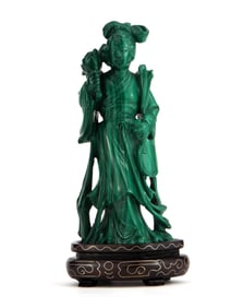 Antique Chinese Guan Yin Malachite,Wooden stand.