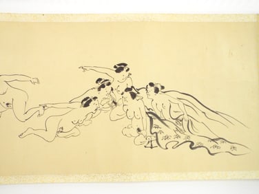 Japanese Hand Painted Japanese Scroll Depicting Intimate Scenes