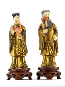 PAIR of Antique Chinese Hand Carved Wood and Elephant Figurine