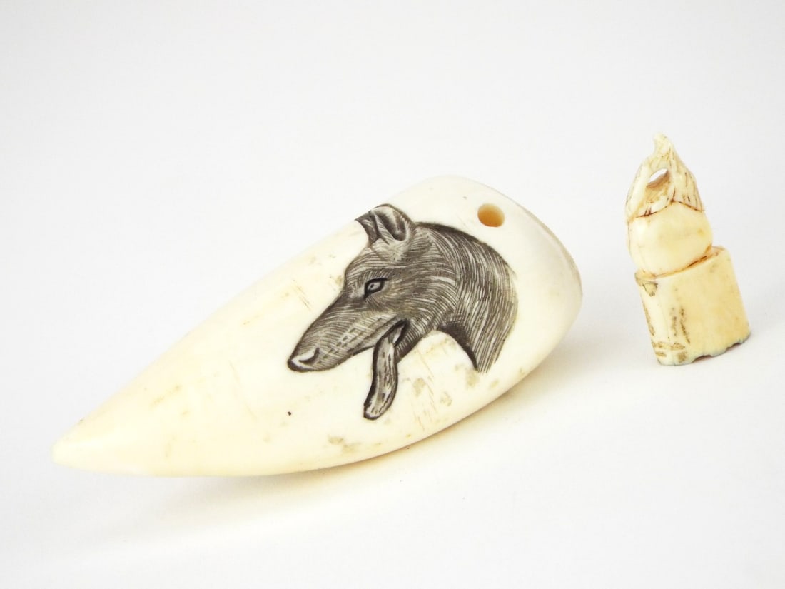 Antique Chinese Seal and Nice Scrimshaw Carving: Antique Chinese Seal and Nice Scrimshaw Carving. Full Length 2.5
