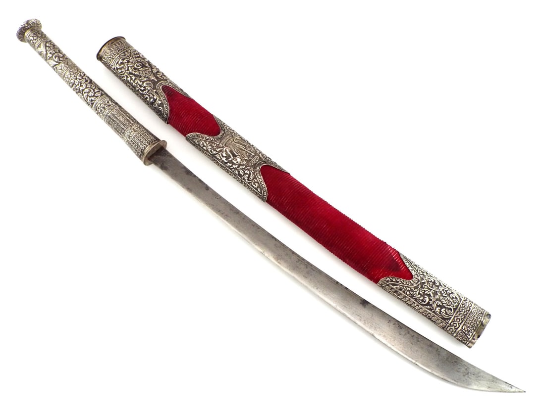 Fine Antique Burmese Dha In Silver Ornamental Scabbard: Fine Antique Burmese Dha In Silver Ornamental Scabbard. Full Length 36 Inches Blade Length 22 Inches