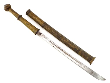 Antique Burmese Indonesian Dha Sword in RARE Brass Mounts and Scabbard