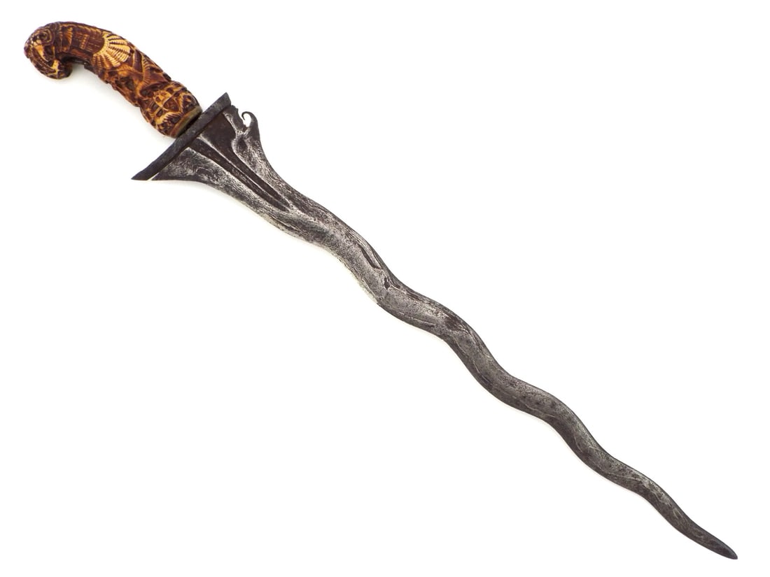 Antique Asian Indonesian Malaysian Damascus KRIS Dagger, FINE Carved Handle. (1 of 12)