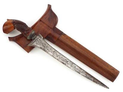 Asian Indonesian Malaysian Damascus KRIS Dagger, Carved Wood Handle.: Asian Indonesian Malaysian Damascus KRIS Dagger, Carved Wood Handle. Full Length 10 Inches Blade Length 7 Inches
