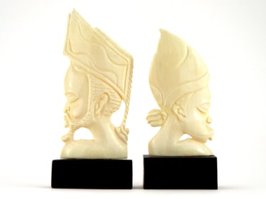 Pair Antique FINE Hand Carved African Busts On Timber Stand