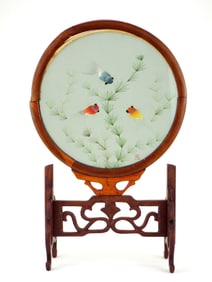 Chinese Hand Carved Table Screen with Embroidered Movable Fish Screen
