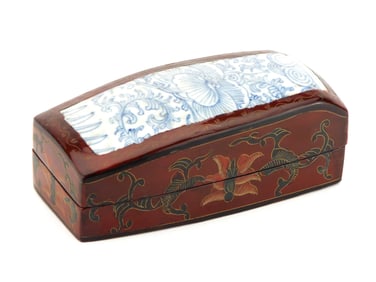 Chinese Old White Base Blue Double Happiness Porcelain Art Lacquer Box