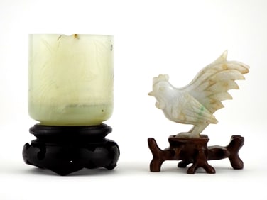 Antique Chinese Carved Green Jade Rooster and Cup