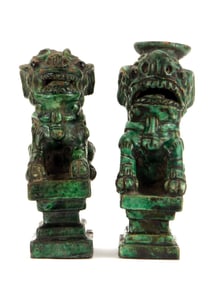Pair Antique Chinese Qing Green Glazed Foo Dog Incense Holders
