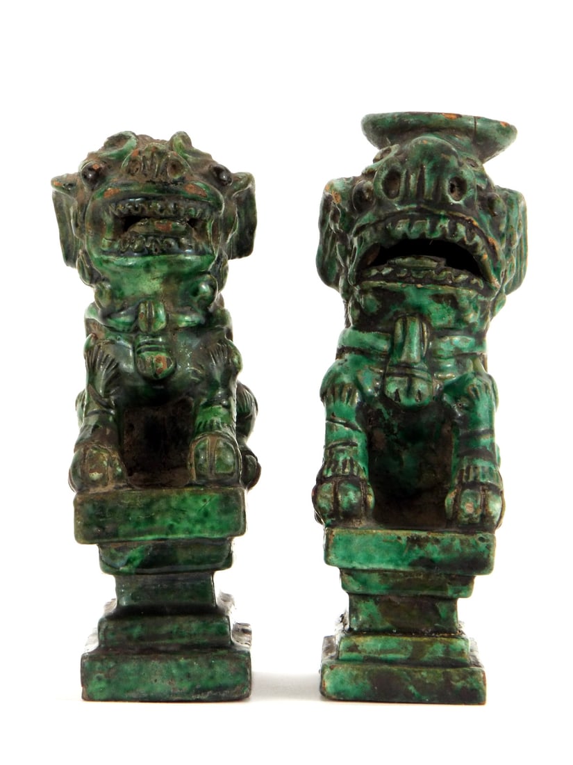 Pair Antique Chinese Qing Green Glazed Foo Dog Incense Holders (1 of 11)