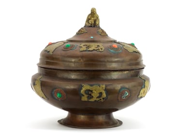Antique Chinese Bronze Turquoise Incense Burner Censer