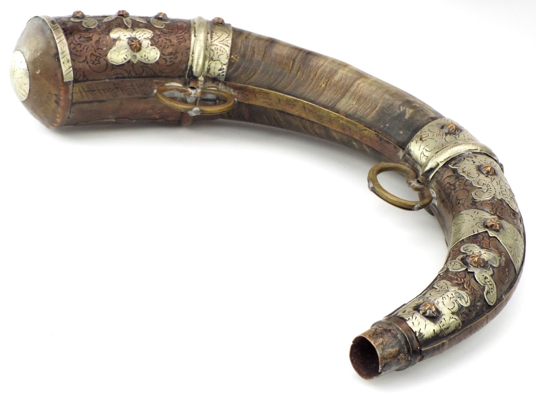 Large Antique Islamic Arabic Arab Moroccan Powder Flask in German Silver Mounts: Large Antique Islamic Arabic Arab Moroccan Powder Flask in German Silver Mounts Full Length 25 Inches.