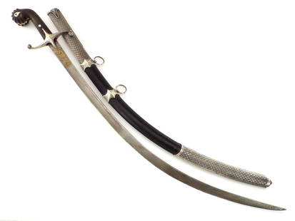 18th C. Islamic Mughal Indian or Persian SHAMSHIR Sword with Elaborate Gilt Silver Mounts: 18th C. Islamic Mughal Indian or Persian SHAMSHIR Sword with Elaborate Gilt Silver Mounts. Full Length 37 Inches Blade 30.5 Length Inches