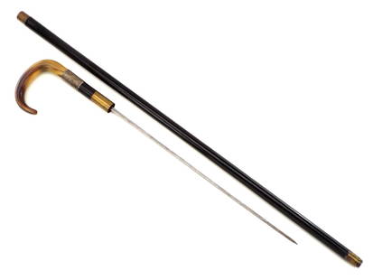 Rare Antique Sword Cane Carved Horn Handle: Rare Antique Sword Cane Carved Horn Handle Full Length 35 Inches Blade Length 15 Inches