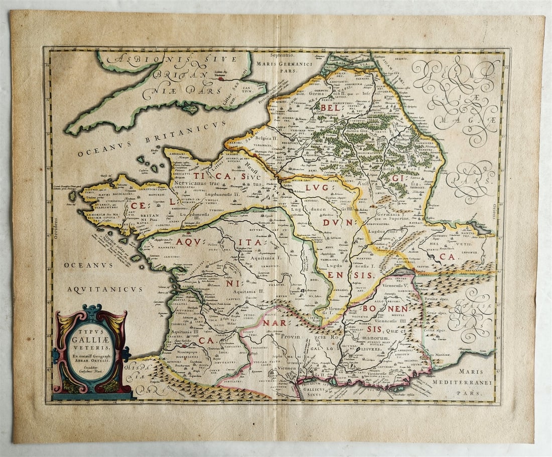 1640 Abraham Ortelius MAP of ANCIENT FRANCE by WILLEM BLAEU antique AUTHENTIC: MAP OF. TYPUS GALLIAE VETERIS. (Ancient Gaul). Amsterdam: Willem Blaeu; 1640. (from : Theatrum orbis terrarum, sive Atlas novus). Map of ancient France. Interior of cartouche reads:. "TYPUS GALLIAE VE