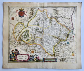 1640 NAVARRA REGNUM SPAIN MAP by WILLEM BLAEU antique AUTHENTIC hand colored
