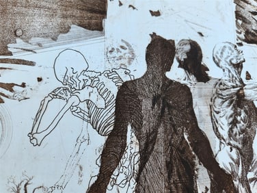 THE CREATION OF THE HUMAN RACE surrreal PRINT vintage w/ SKELETON