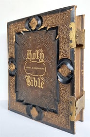 1870 BIBLE in ENGLISH ILLUSTRATED FOLIO antique DECORATIVE BINDING Philadelphia